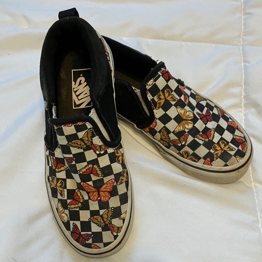 Vans Kids Slip-On Sneakers - Black, White, and Multicolor Butterfly